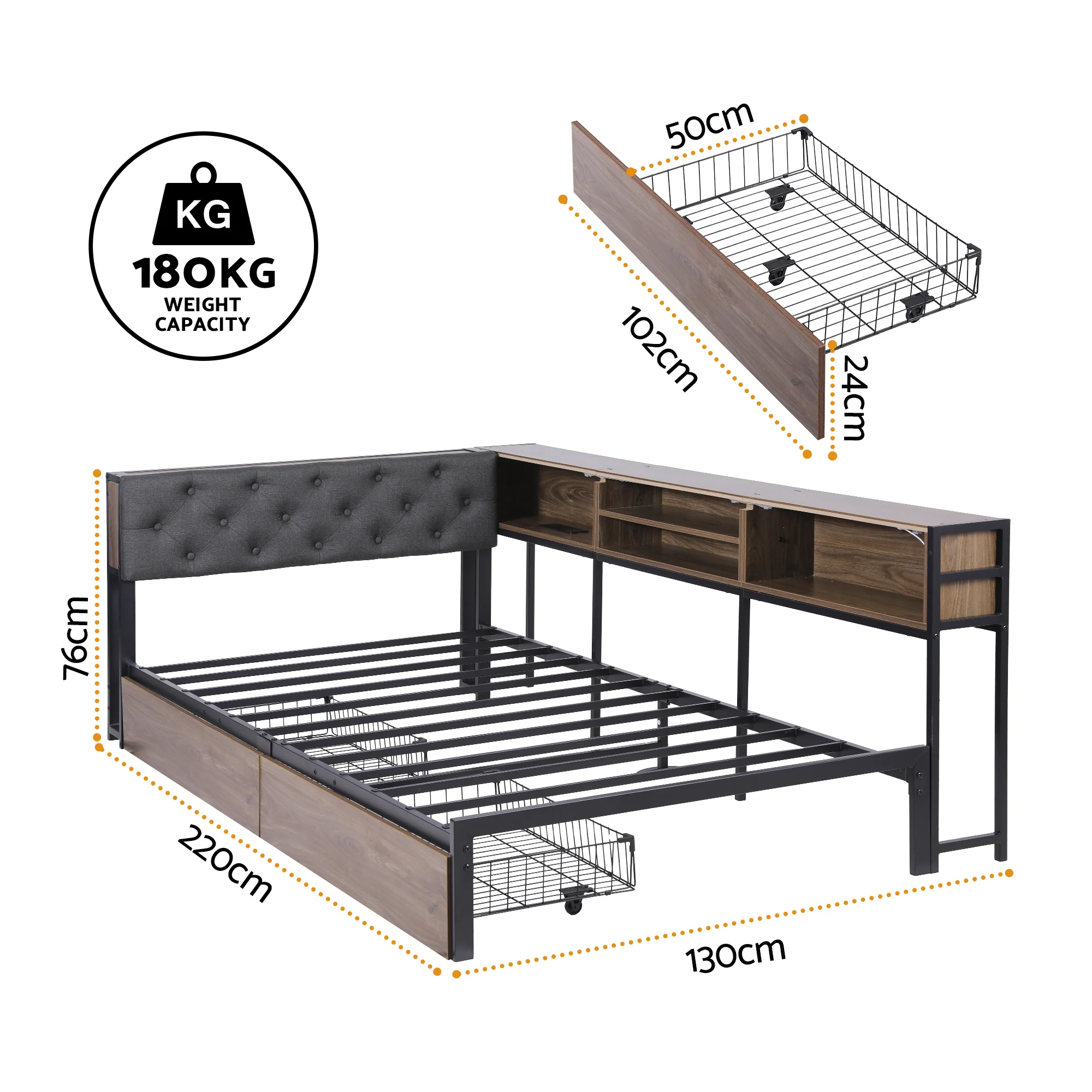 Artiss Bed Frame King Single Size with 2 Drawers and Charging Station Metal Corner Bed Base - Image 3