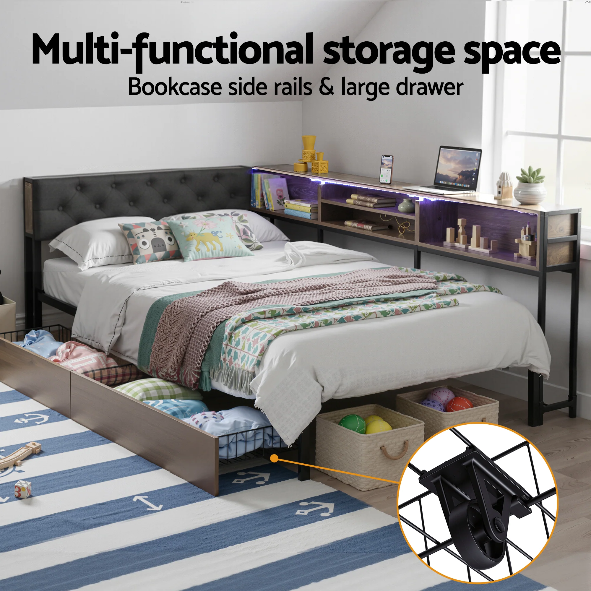 Artiss Bed Frame King Single Size with 2 Drawers and Charging Station Metal Corner Bed Base - Image 7