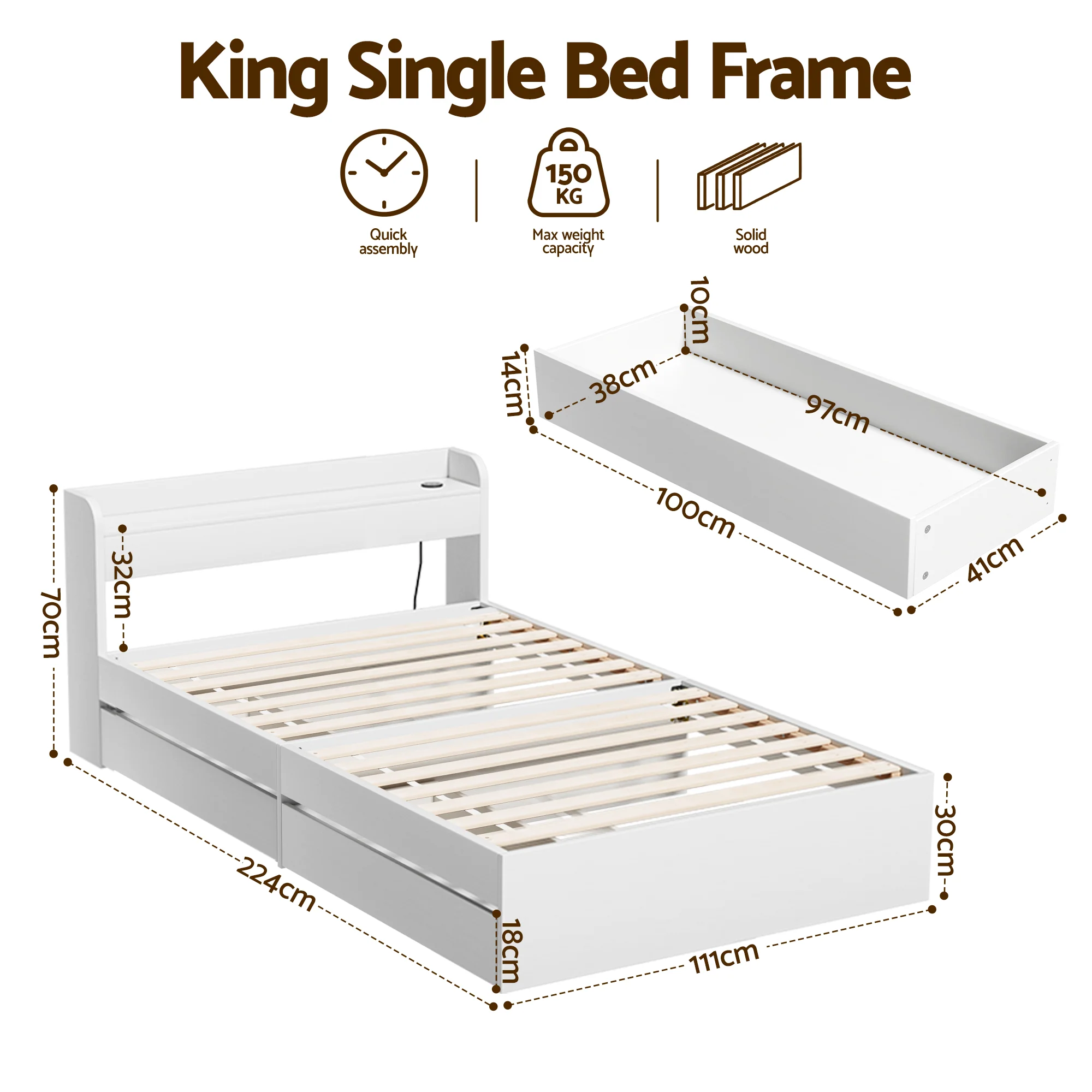 Artiss Bed Frame King Single Size Wooden Bed Base with Charging Ports and 2 Drawers White - Image 3