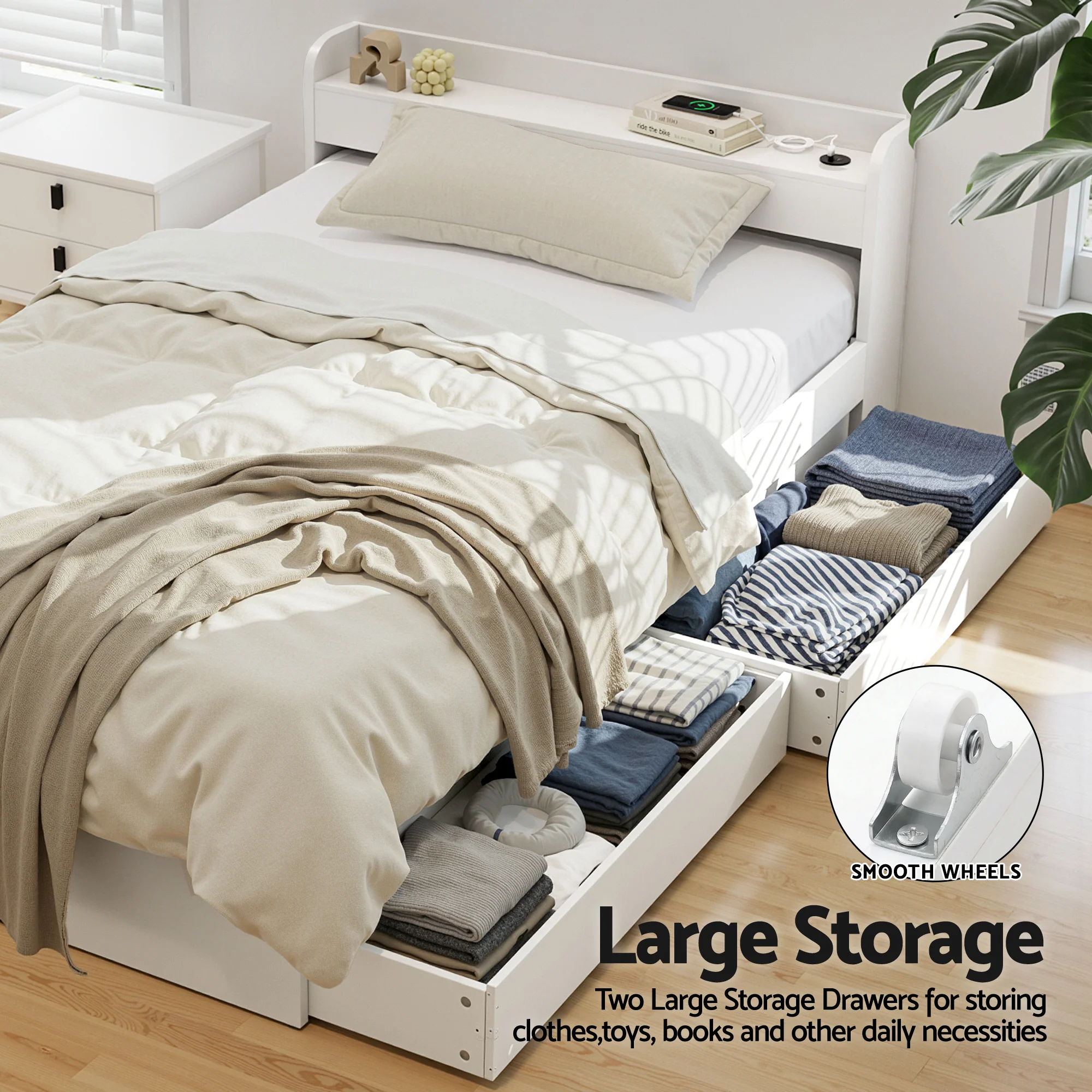 Artiss Bed Frame King Single Size Wooden Bed Base with Charging Ports and 2 Drawers White - Image 8