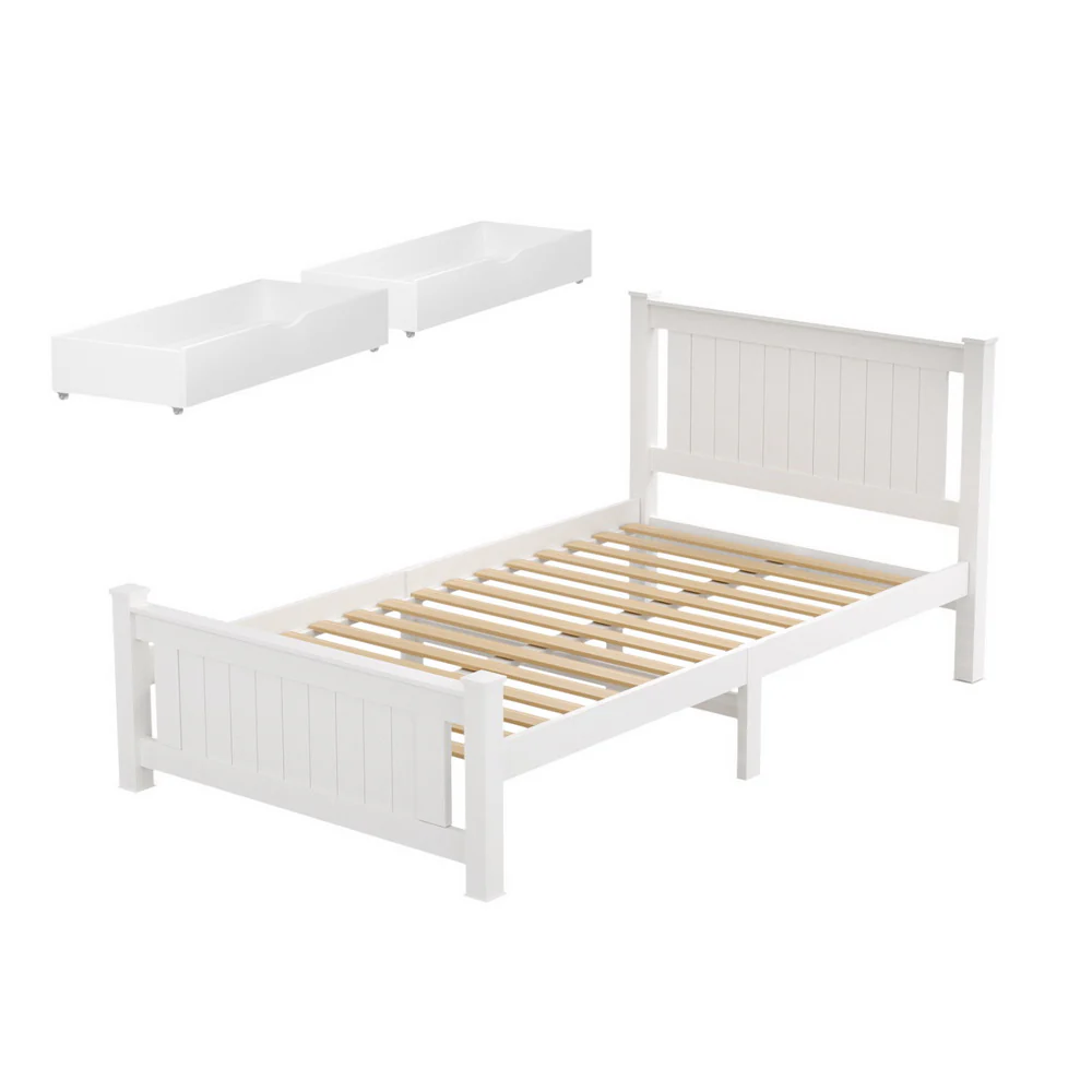 Artiss Bed Frame King Single Size Wooden Platform with 2 Storage Drawers White RIO - Image 2