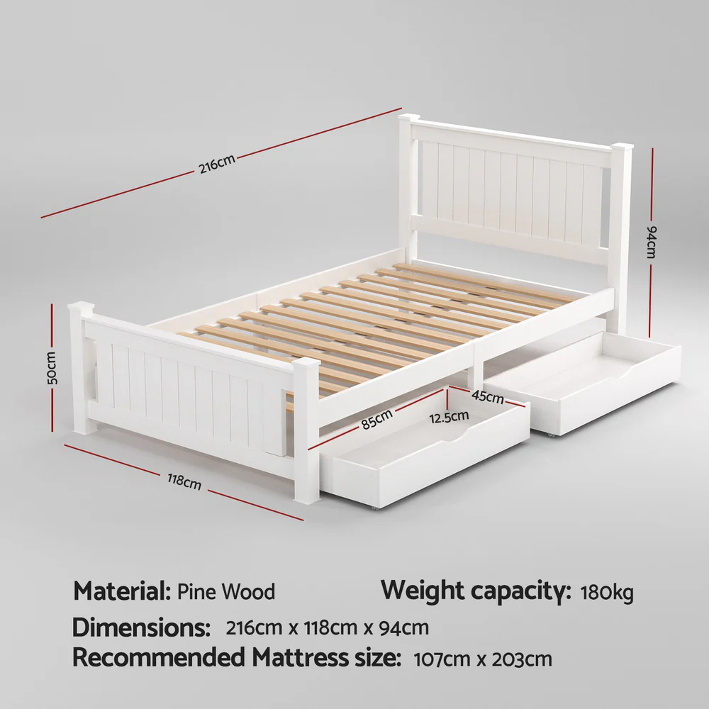 Artiss Bed Frame King Single Size Wooden Platform with 2 Storage Drawers White RIO - Image 3