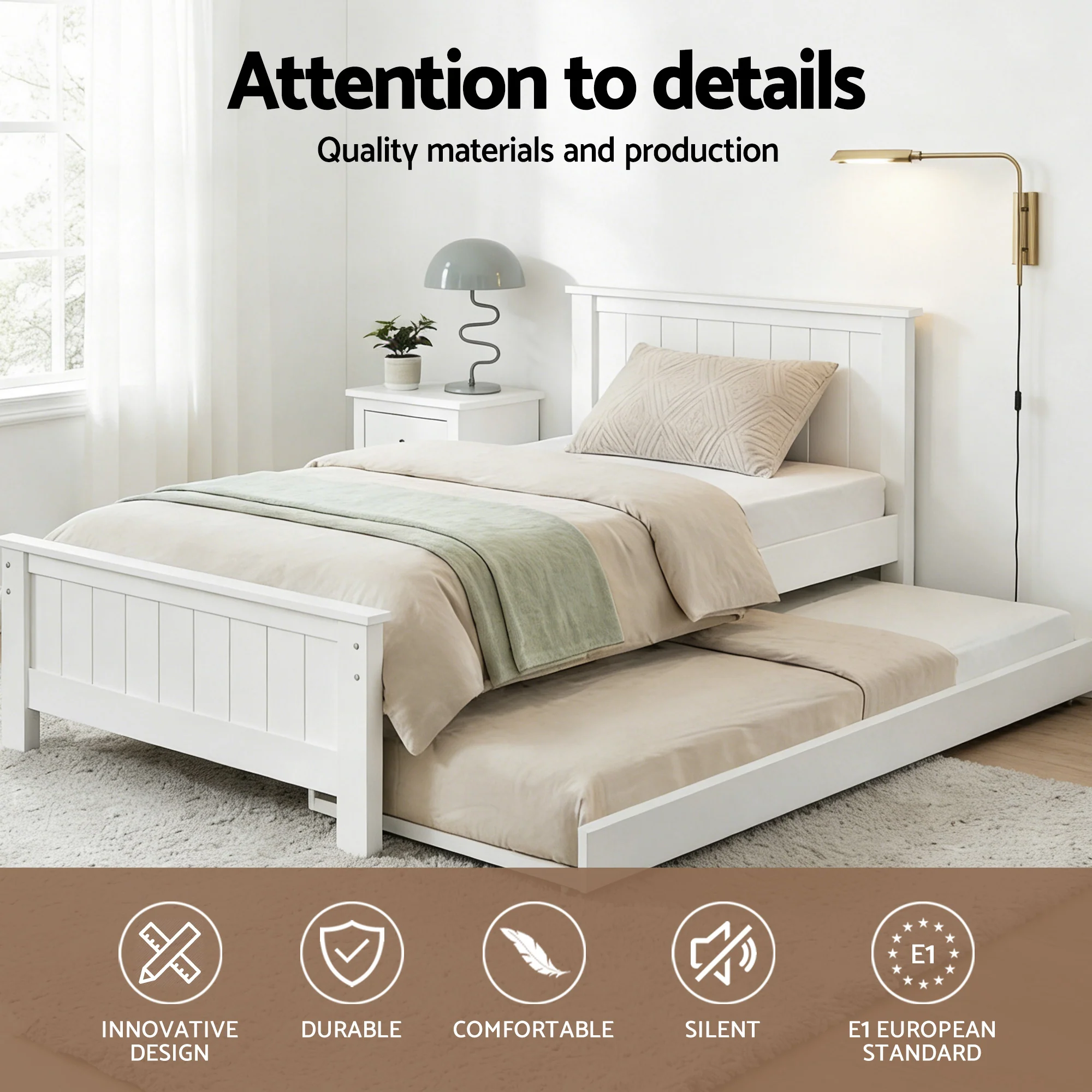 Artiss Bed Frame King Single Size Wooden Trundle Daybed White ELVIS - Image 5