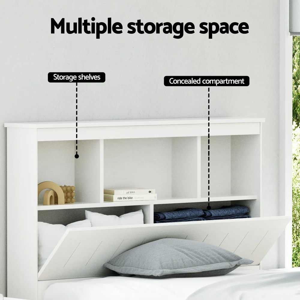 Artiss Bed Frame King Single Size Wooden with 3 Shelves Bed Head White - Image 5