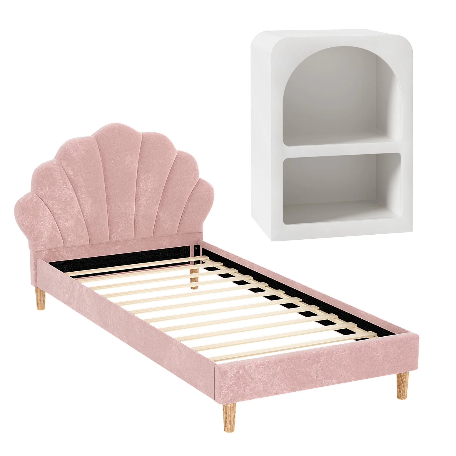 Artiss Bed Frame King Single with Bedside Table Set Scallop Headboard Pink Velvet Fabric Beds Base - Image 2