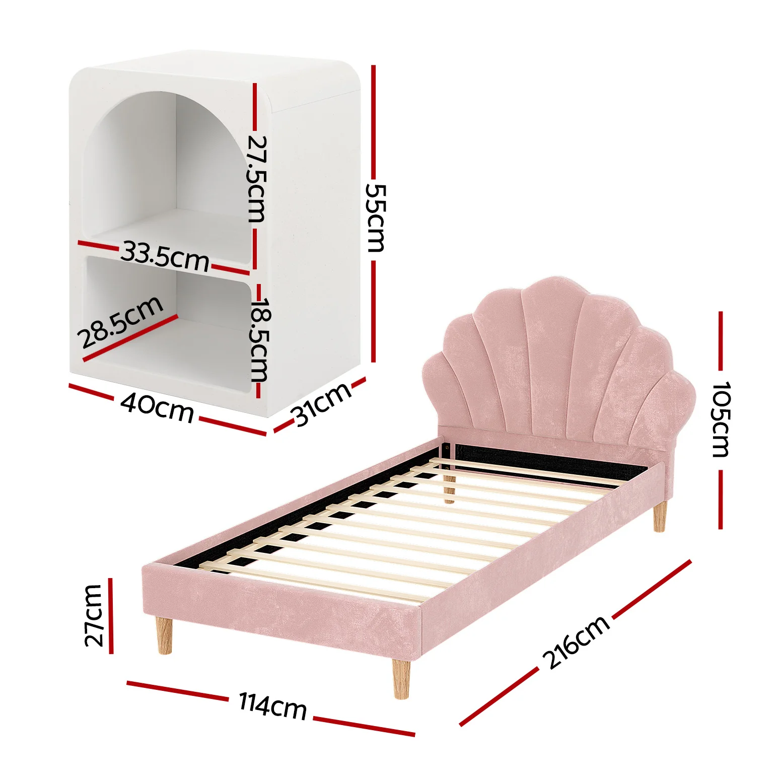 Artiss Bed Frame King Single with Bedside Table Set Scallop Headboard Pink Velvet Fabric Beds Base - Image 3