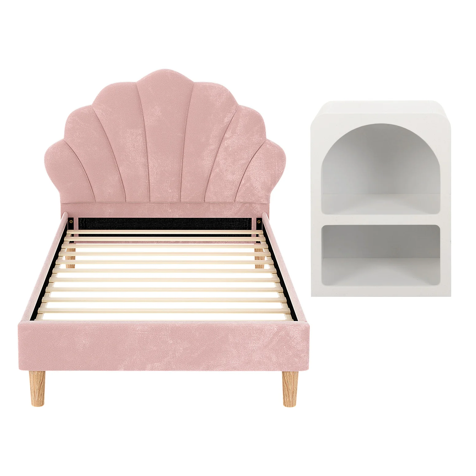 Artiss Bed Frame King Single with Bedside Table Set Scallop Headboard Pink Velvet Fabric Beds Base - Image 4