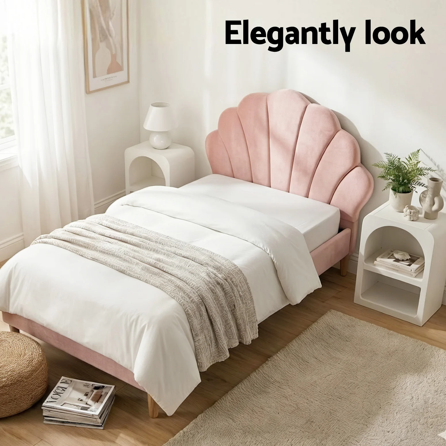 Artiss Bed Frame King Single with Bedside Table Set Scallop Headboard Pink Velvet Fabric Beds Base - Image 5