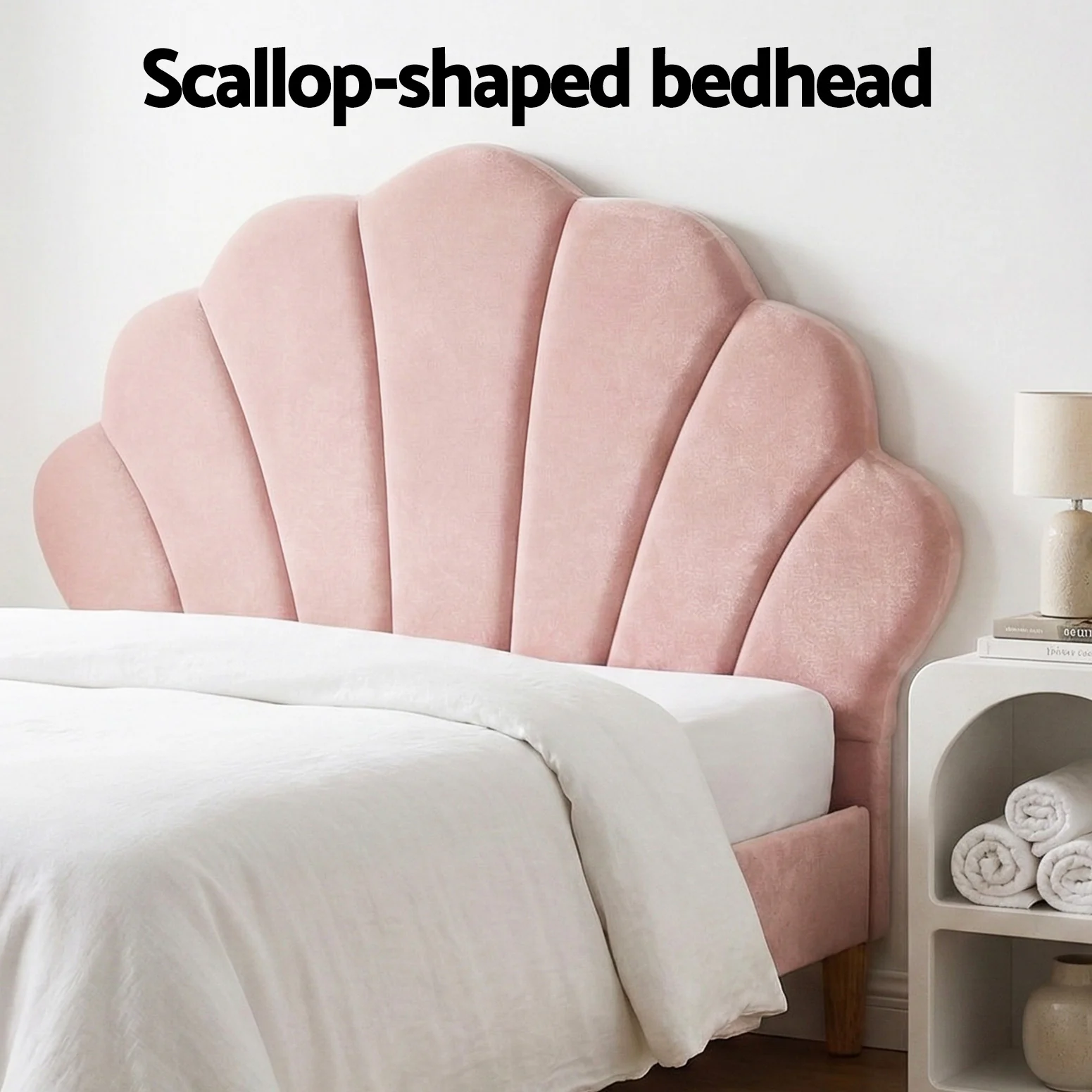 Artiss Bed Frame King Single with Bedside Table Set Scallop Headboard Pink Velvet Fabric Beds Base - Image 6