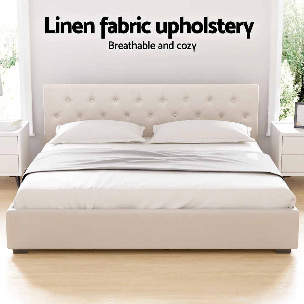 Artiss Bed Frame King Size Gas Lift Beige VILA - Image 5