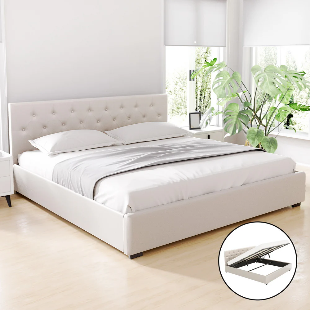 Artiss Bed Frame King Size Gas Lift Beige VILA - Image 7