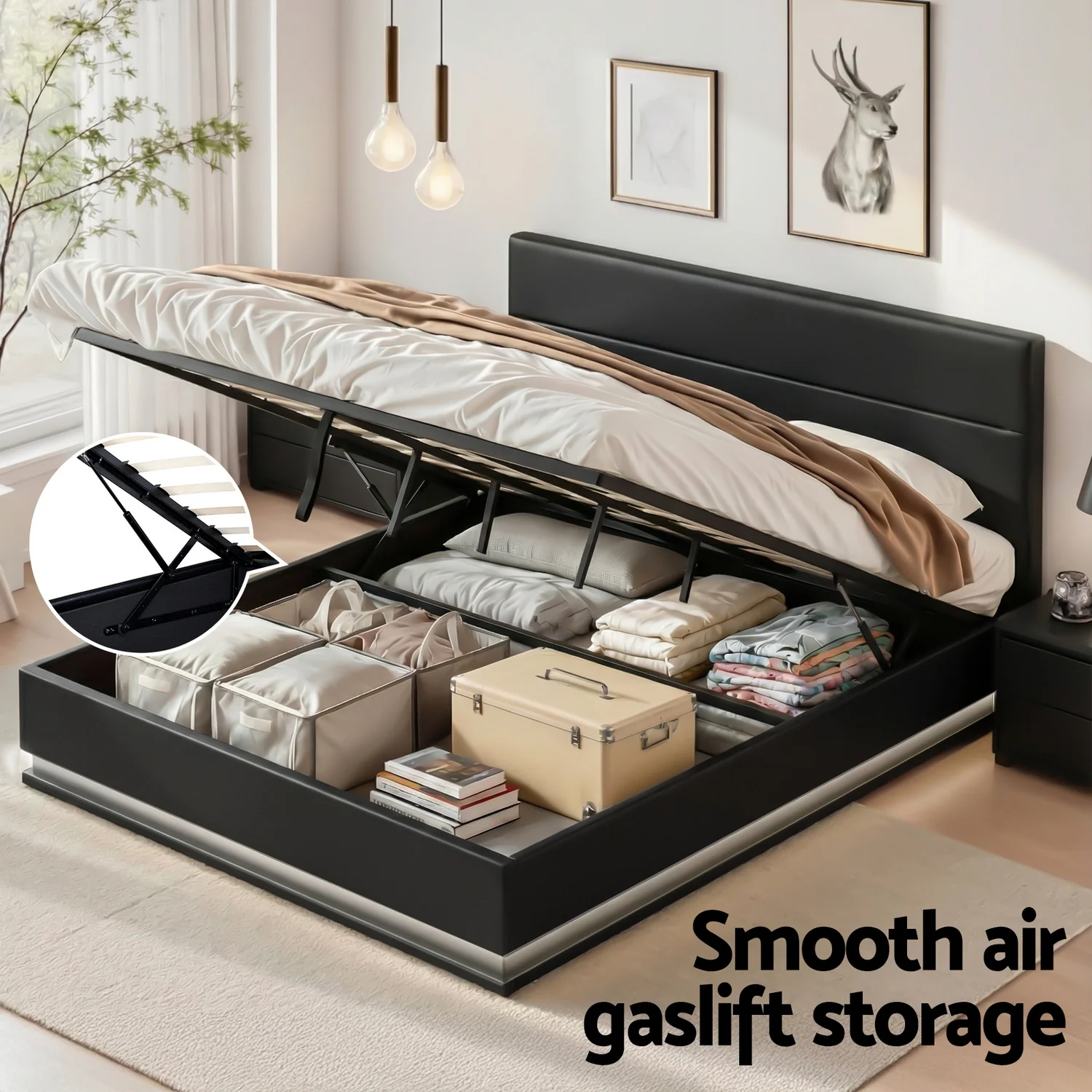 Artiss Bed Frame King Size LED Gas Lift Black LUMI - Image 5