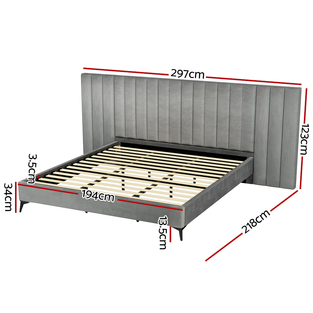Artiss Bed Frame King Size Velvet Grey LOTT - Image 2