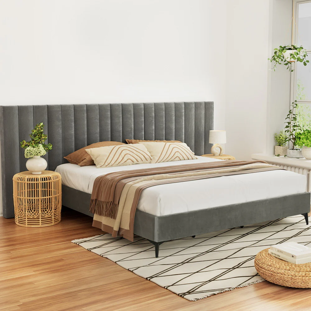 Artiss Bed Frame King Size Velvet Grey LOTT - Image 7
