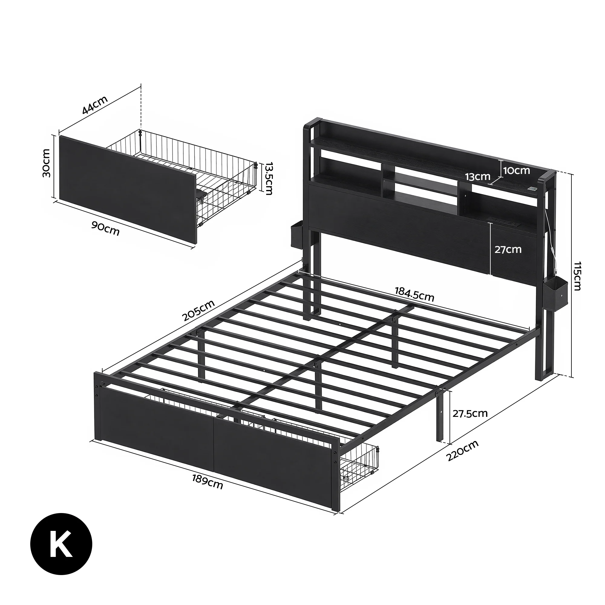 Artiss Bed Frame King with Charging Station Storage Organizer Drawers LED ZAC - Image 3