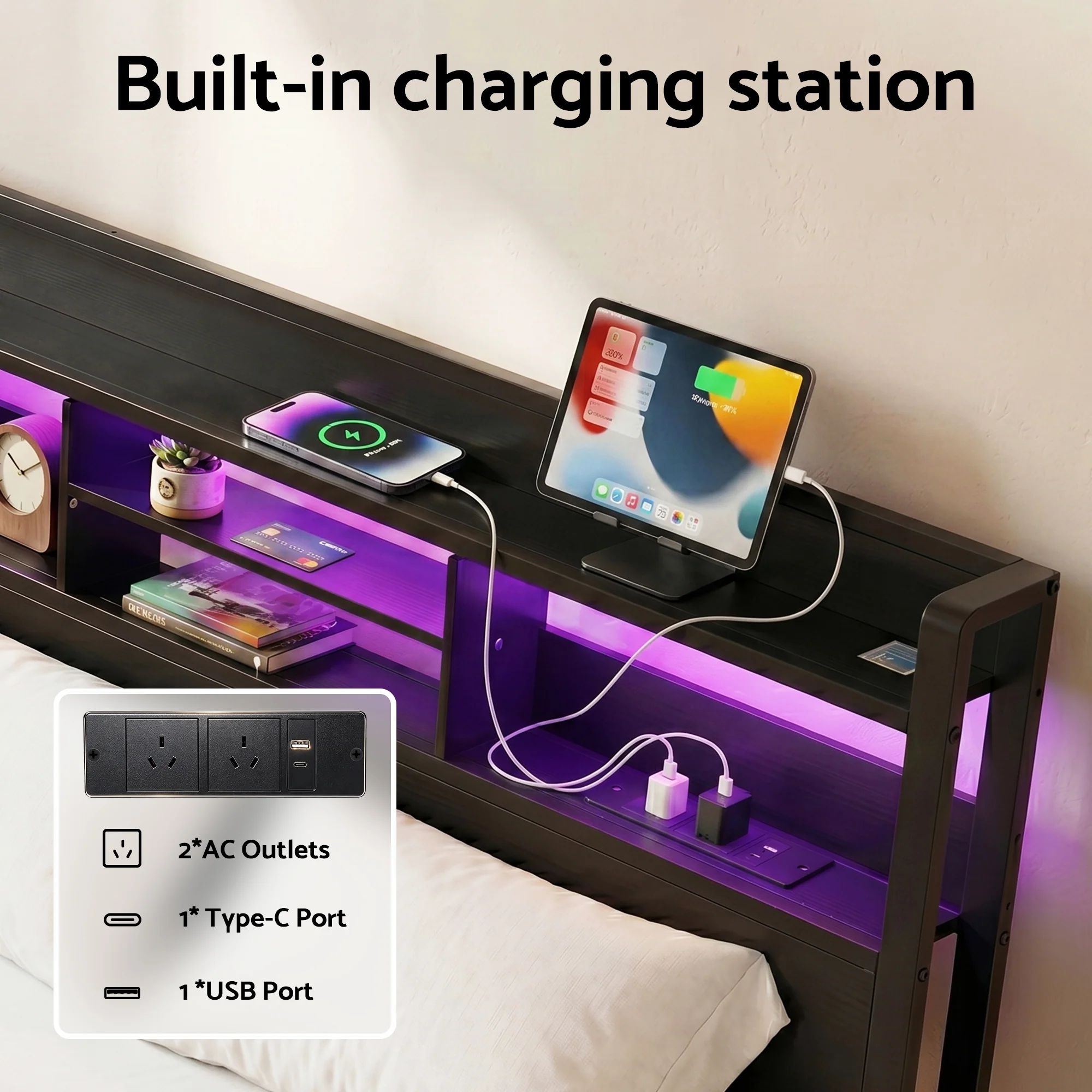 Artiss Bed Frame King with Charging Station Storage Organizer Drawers LED ZAC - Image 5