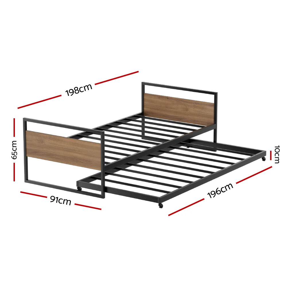 Artiss Bed Frame 2x Single Size Metal Trundle Daybed DEAN - Image 2