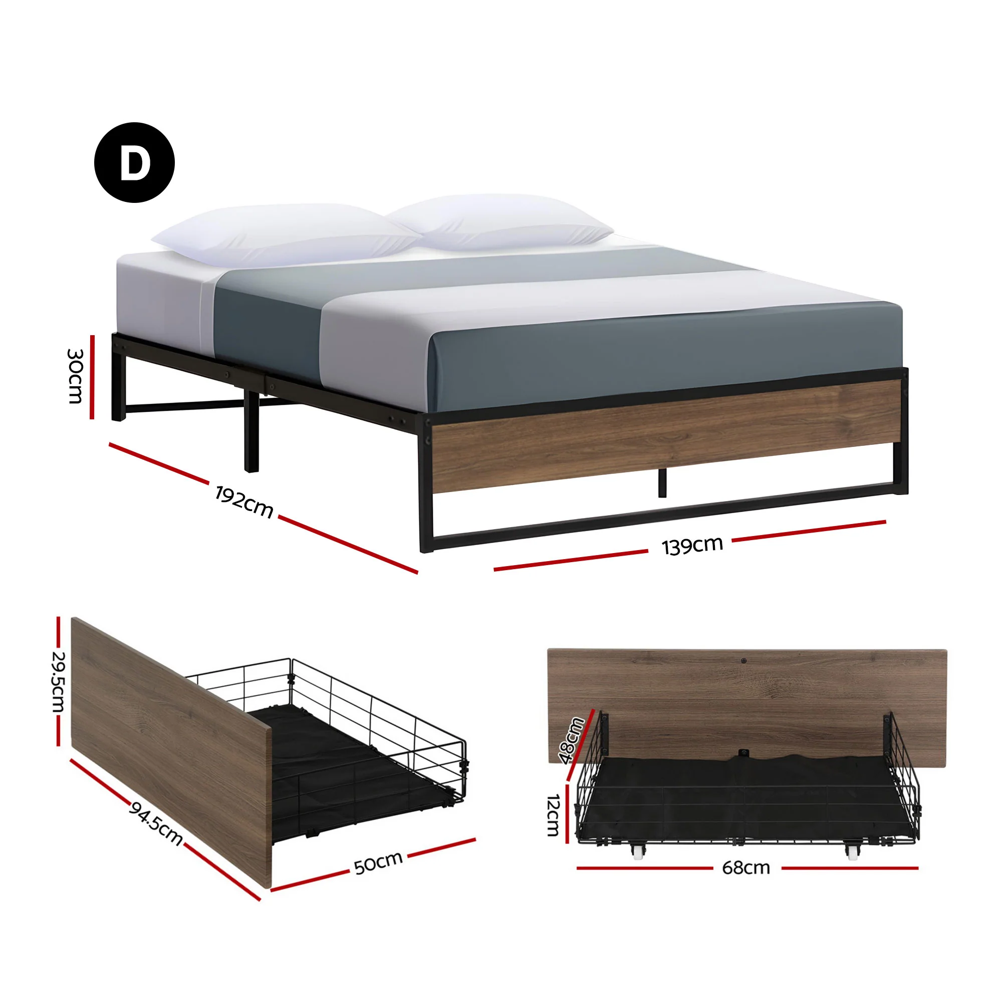 Artiss Bed Frame Metal Frame Double Size Bed Base 2 Drawers OSLO - Image 3