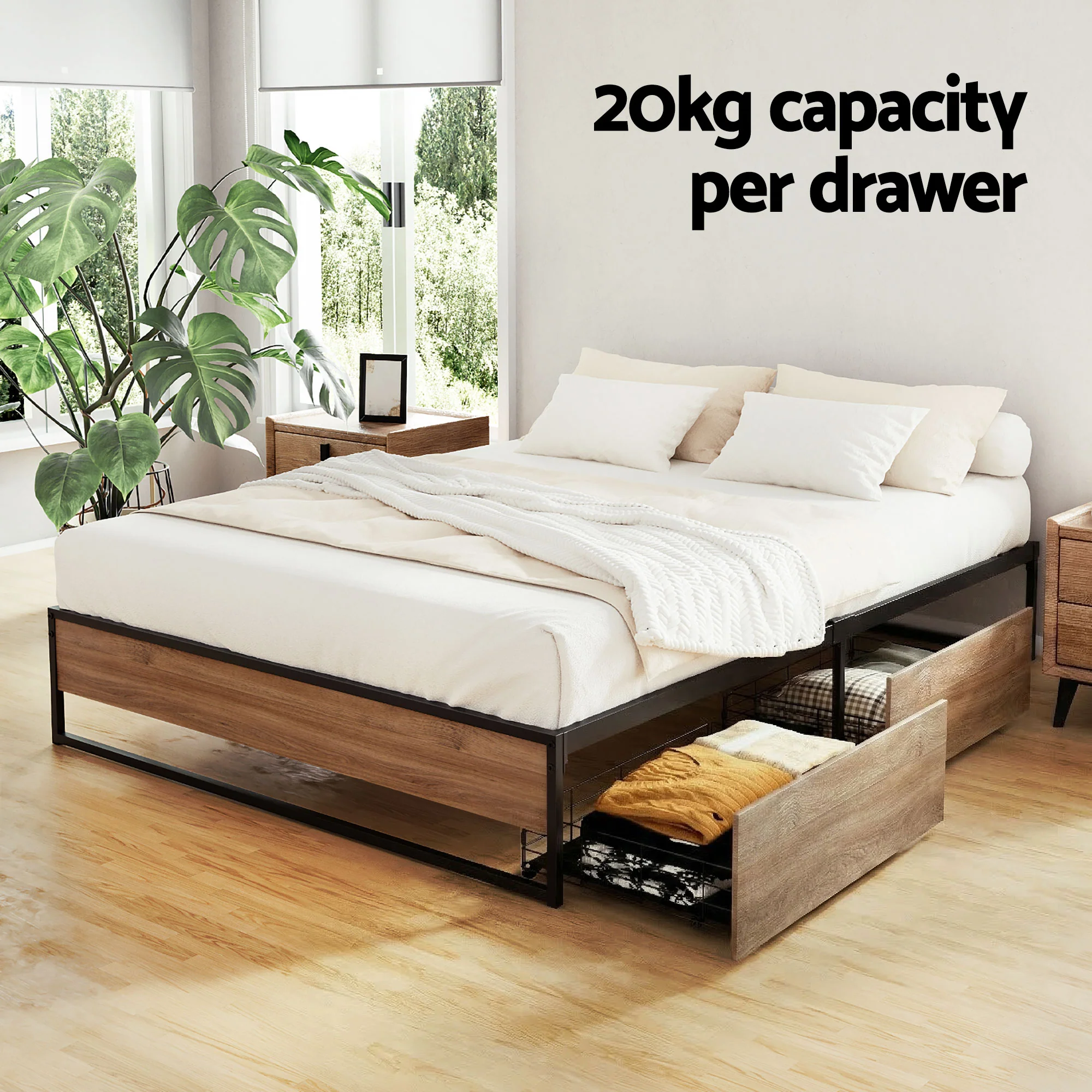 Artiss Bed Frame Metal Frame Queen Size Bed Base 2 Drawers OSLO - Image 5