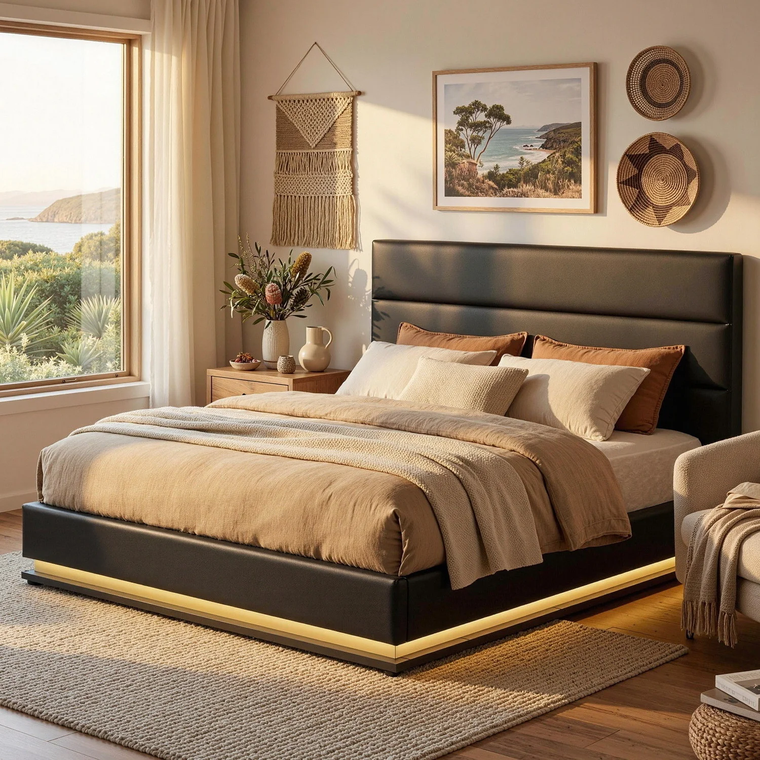 Artiss Bed Frame Queen Size LED Gas Lift Black LUMI