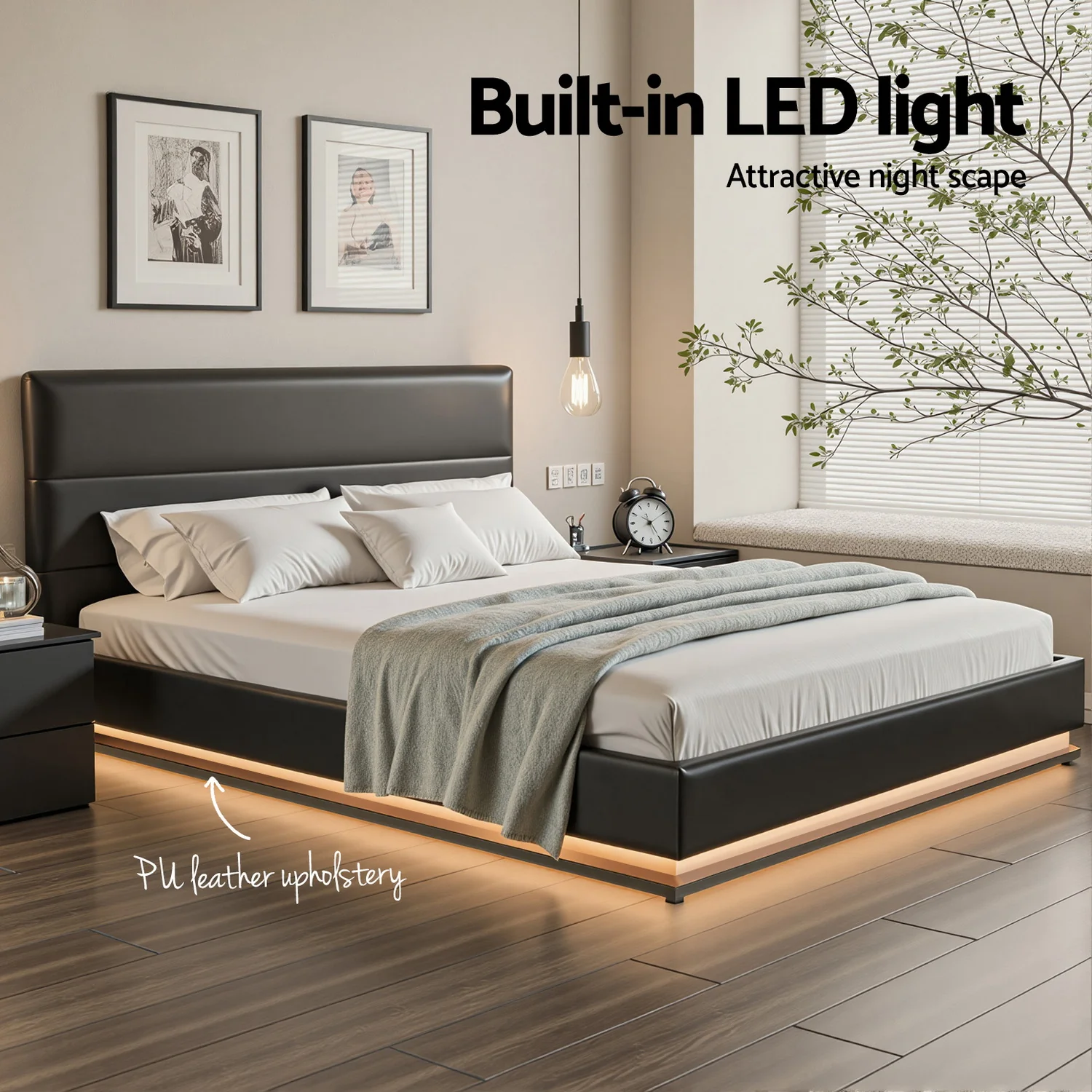 Artiss Bed Frame Queen Size LED Gas Lift Black LUMI - Image 6