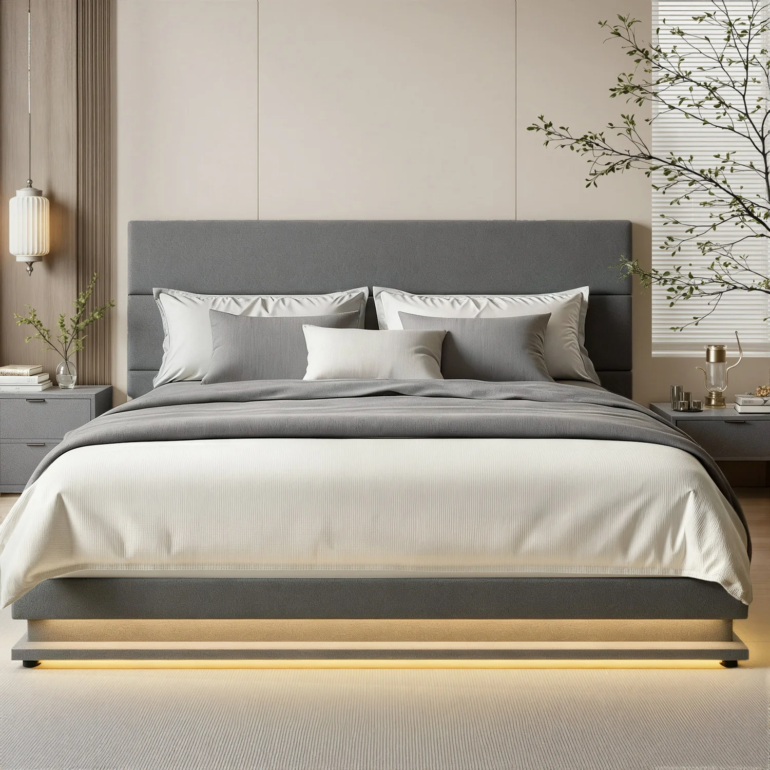 Artiss Bed Frame Queen Size LED Gas Lift Grey LUMI - Image 7