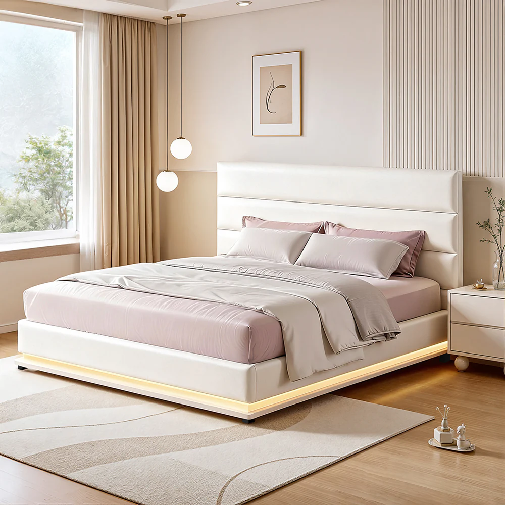 Artiss Bed Frame Queen Size LED Gas Lift White LUMI