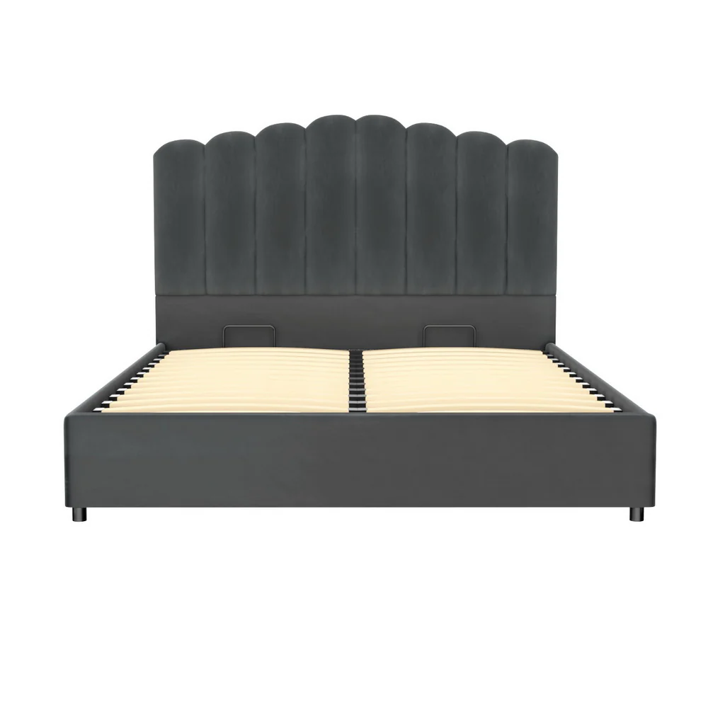 Artiss Bed Frame Queen Size Velvet Grey FION - Image 2