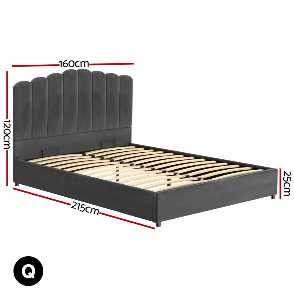 Artiss Bed Frame Queen Size Velvet Grey FION - Image 3