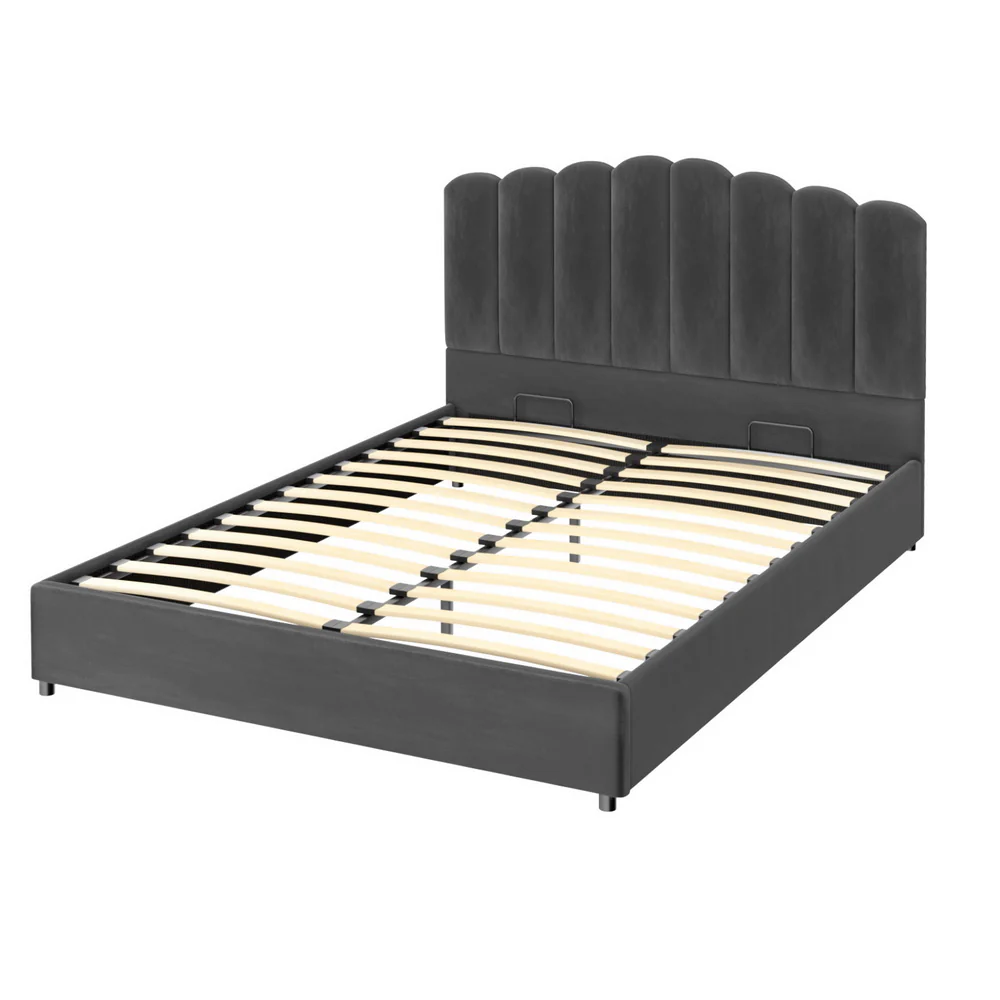 Artiss Bed Frame Queen Size Velvet Grey FION - Image 4