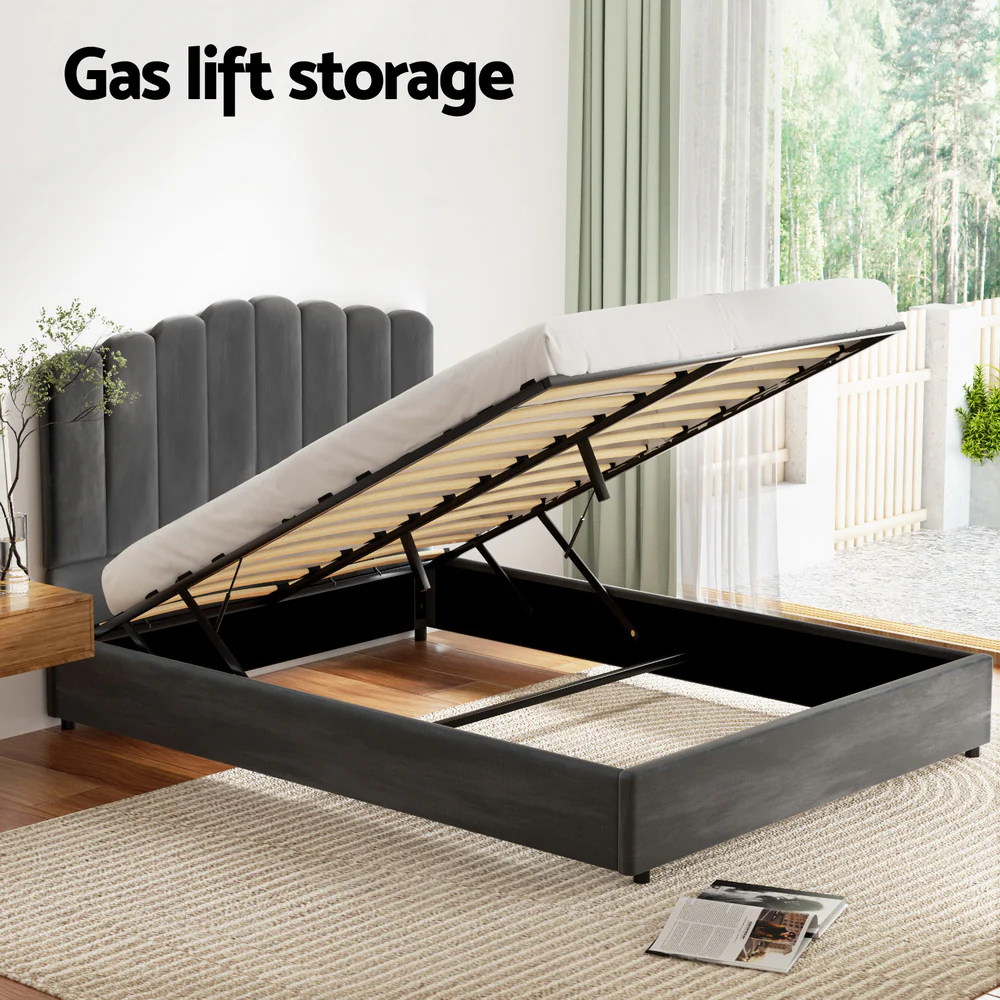 Artiss Bed Frame Queen Size Velvet Grey FION - Image 5