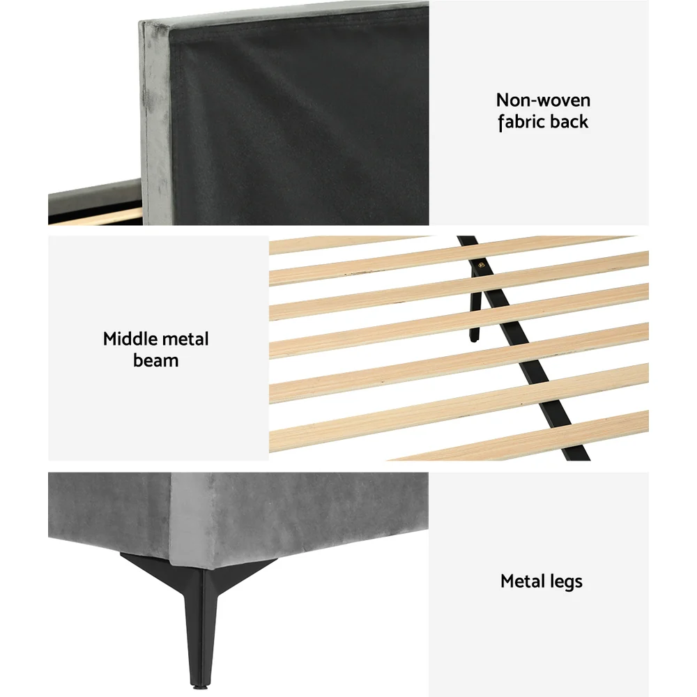 Artiss Bed Frame Queen Size Velvet Grey LOTT - Image 6