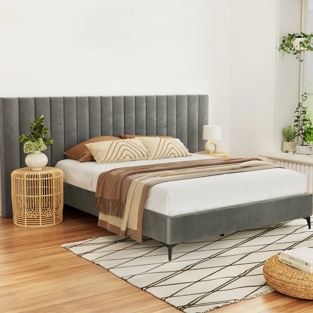 Artiss Bed Frame Queen Size Velvet Grey LOTT - Image 7