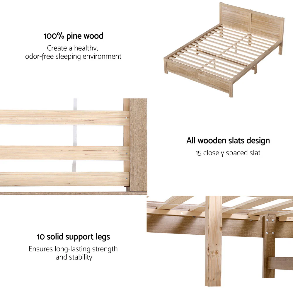 Artiss Bed Frame Queen Size Wooden OATMEAL - Image 6