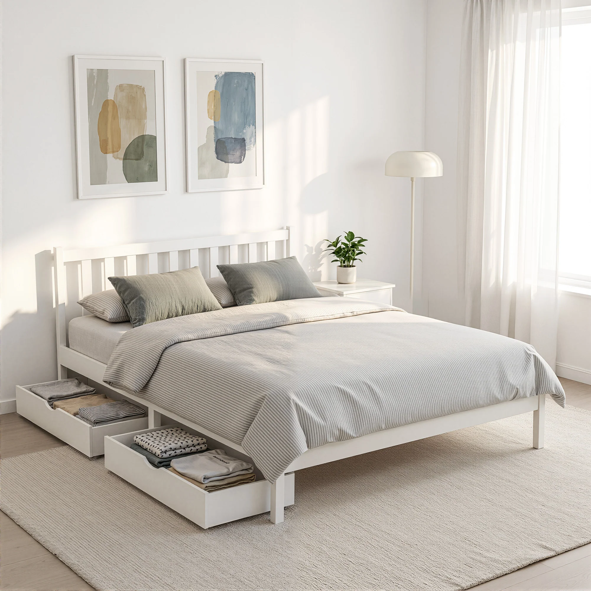 Artiss Bed Frame Queen Size Wooden Platform with 2 Storage Drawers White
