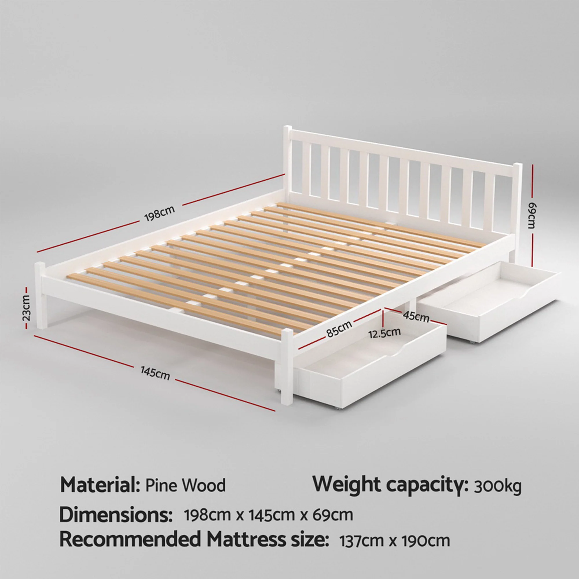 Artiss Bed Frame Queen Size Wooden Platform with 2 Storage Drawers White - Image 3