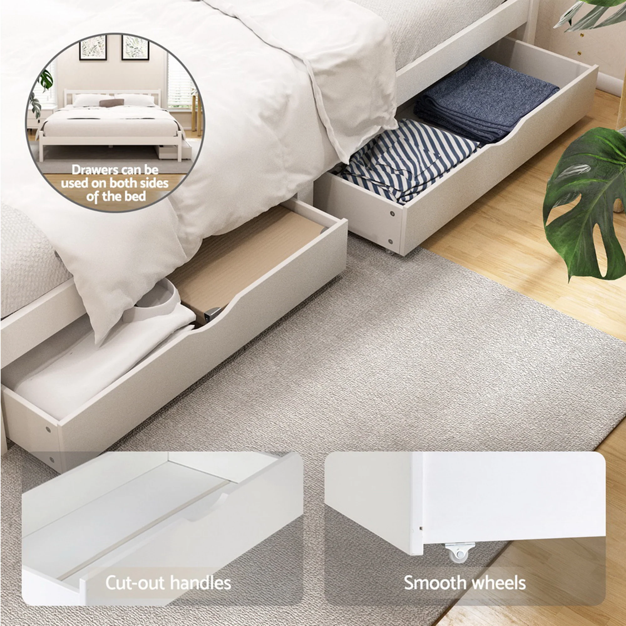 Artiss Bed Frame Queen Size Wooden Platform with 2 Storage Drawers White - Image 5