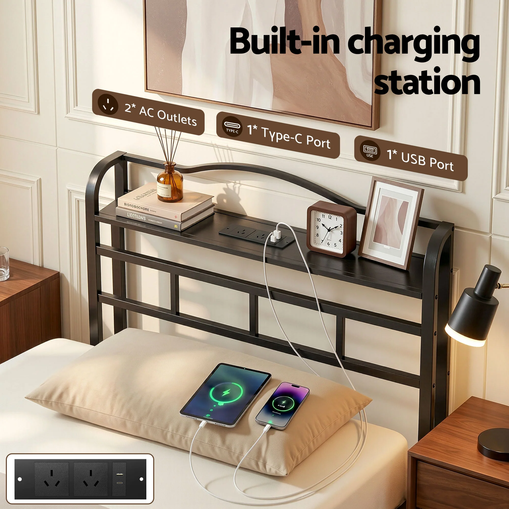Artiss Bed Frame Single Size with Charging Station WAVE - Image 5
