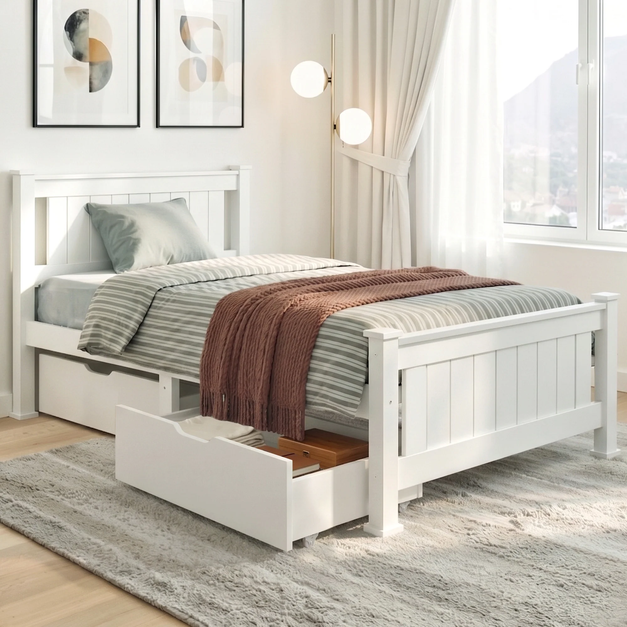 Artiss Bed Frame Single Size Wooden with 2 Drawers White RIO