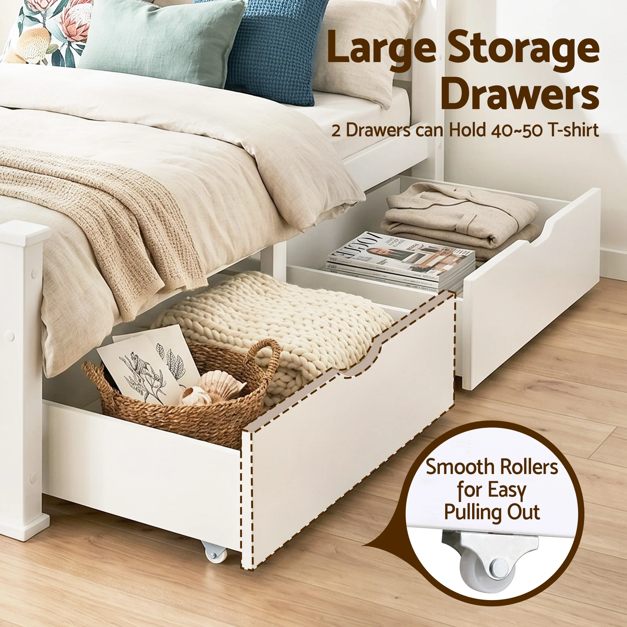 Artiss Bed Frame Single Size Wooden with 2 Drawers White RIO - Image 5