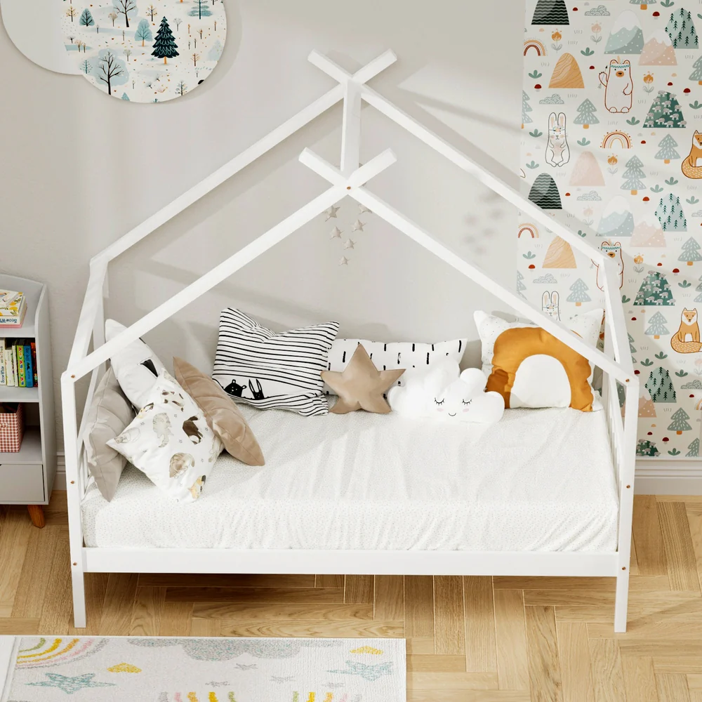 Artiss Bed Frame Wooden Base Kids Single Timber House Beds White - Image 5