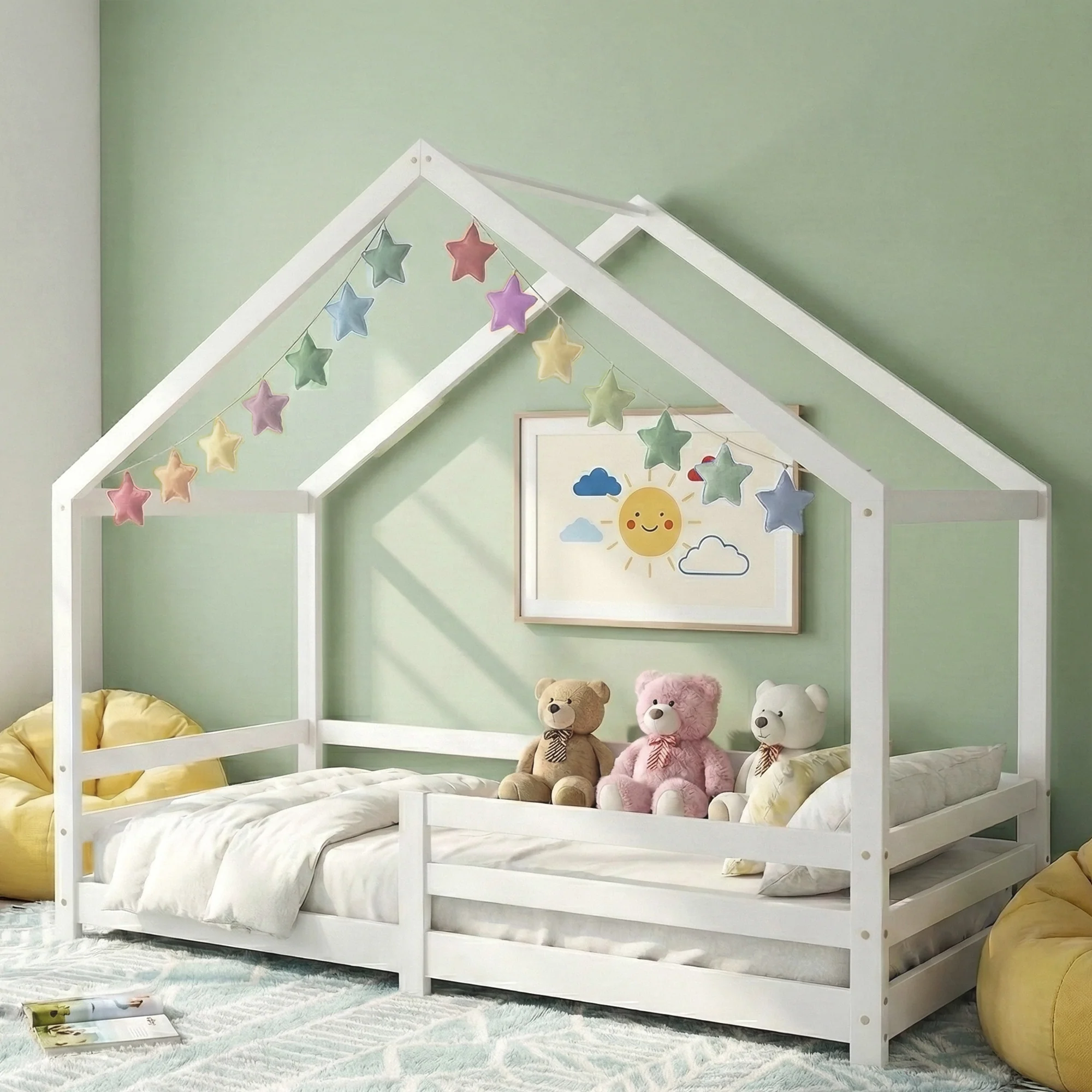 Artiss Bed Frame Wooden Kids Single House Frame White AMOS - Image 7
