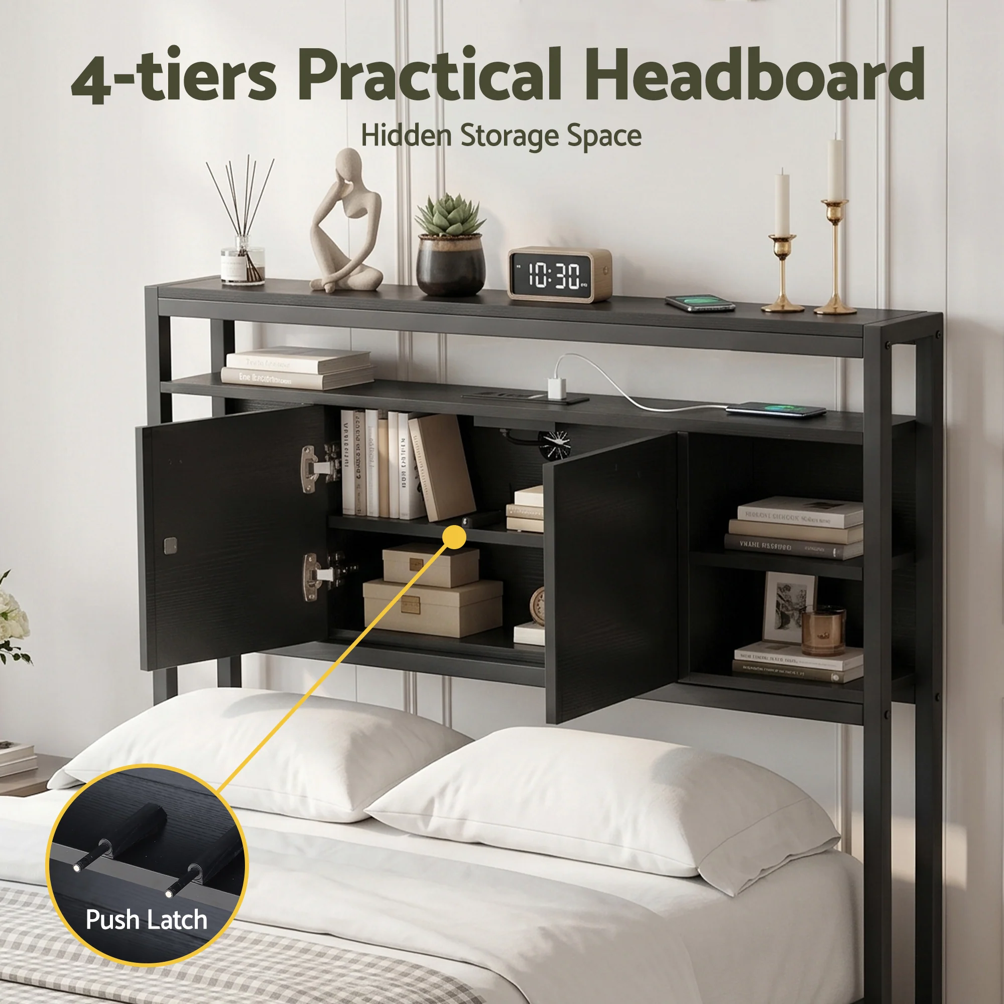 Artiss Bed Headboard King Single Storage Bedhead Charging Station Black - Image 5