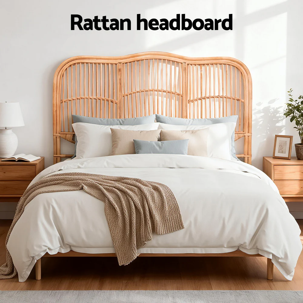 Artiss Bed Headboard Queen Bedhead Rattan - NERO Pine - Image 4