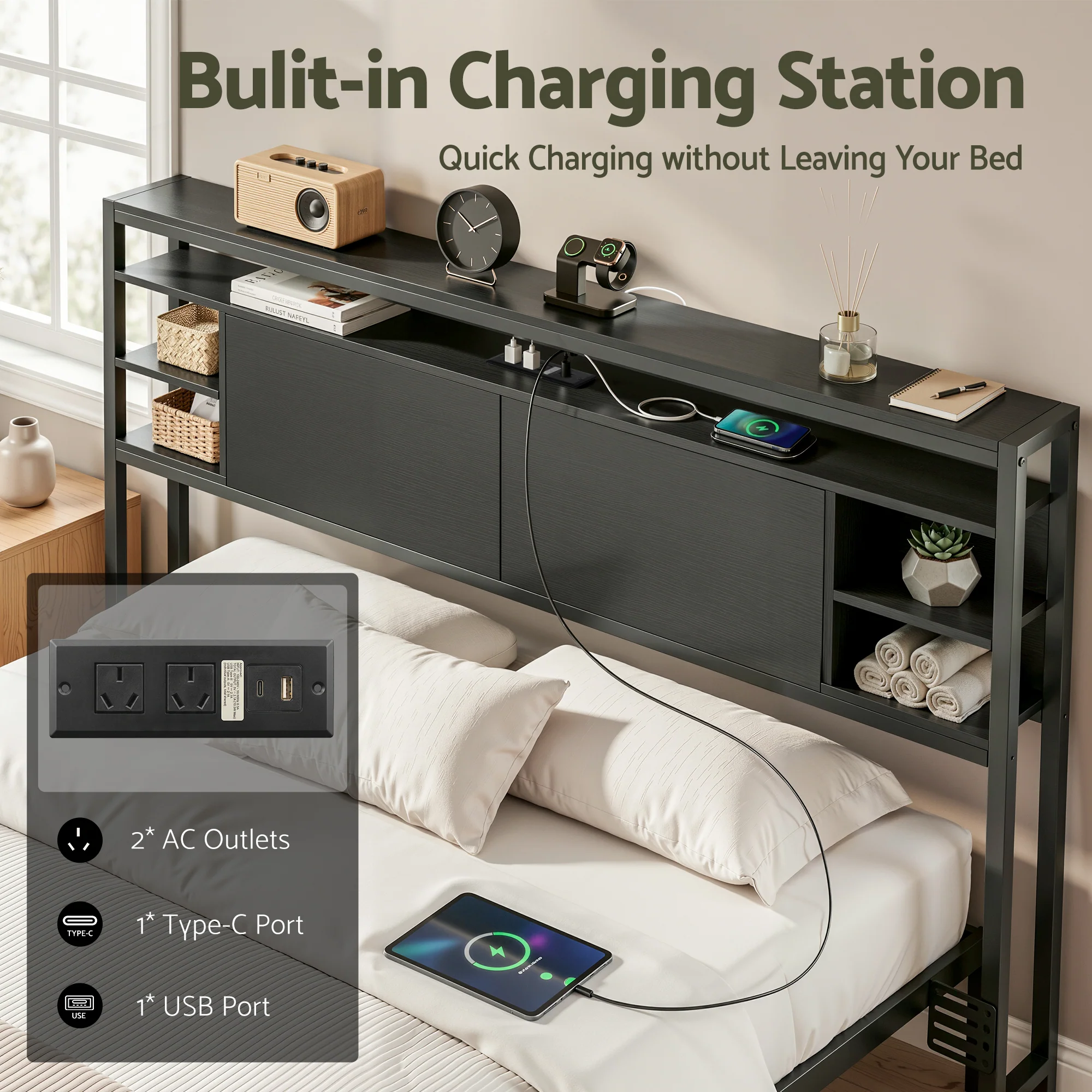 Artiss Bed Headboard Queen Storage Bedhead Charging Station Black - Image 6