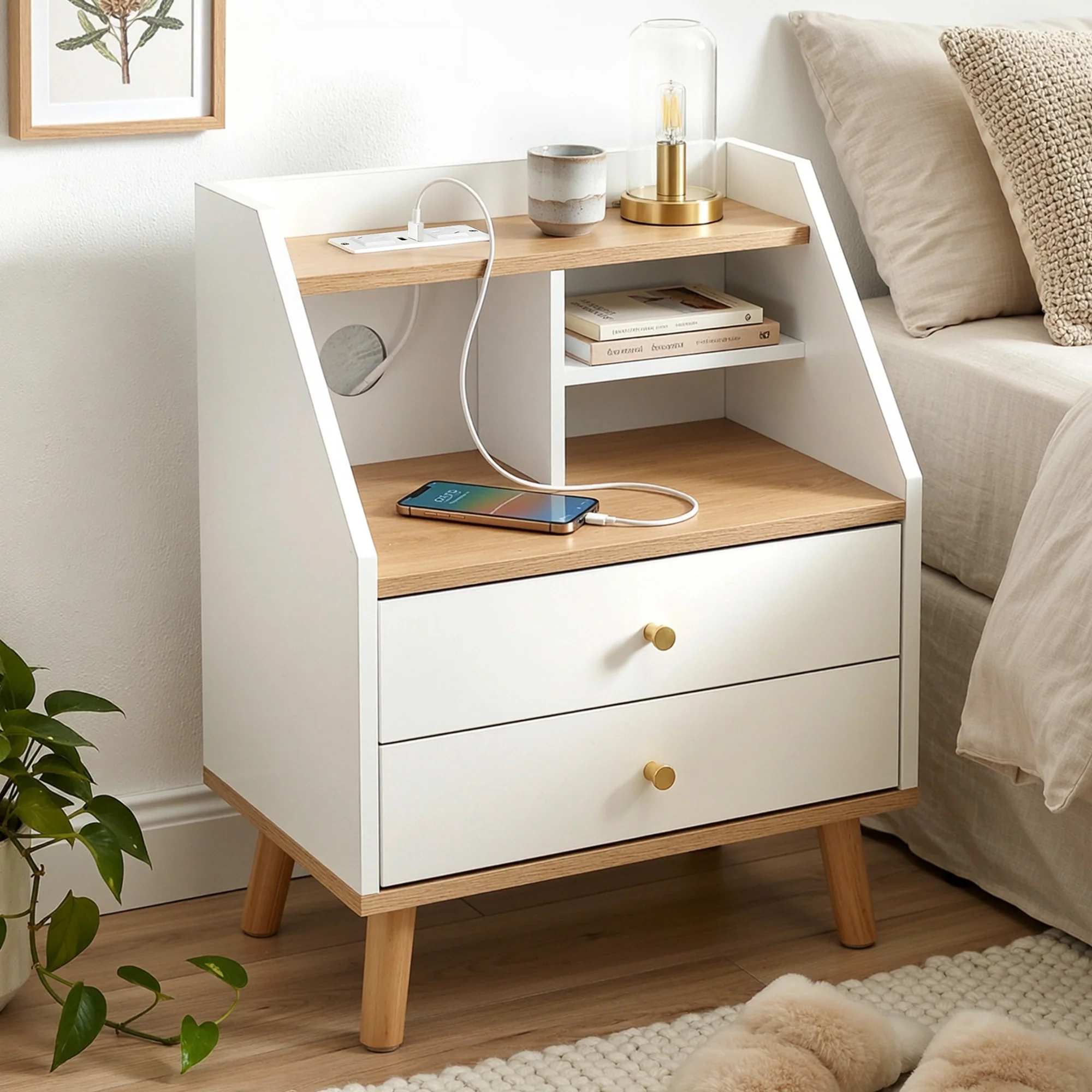 Artiss Bedside Table 2 Drawers Charging Station White and Pine