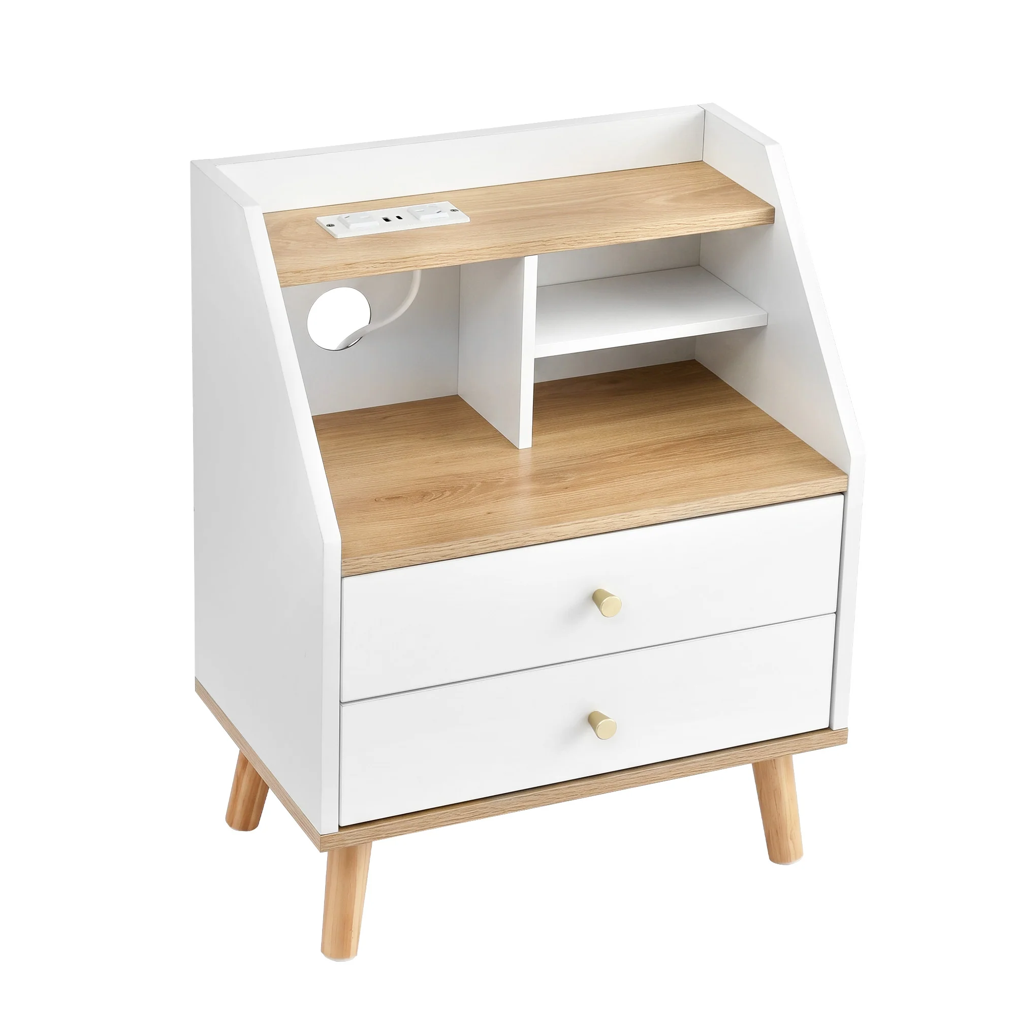 Artiss Bedside Table 2 Drawers Charging Station White and Pine - Image 2