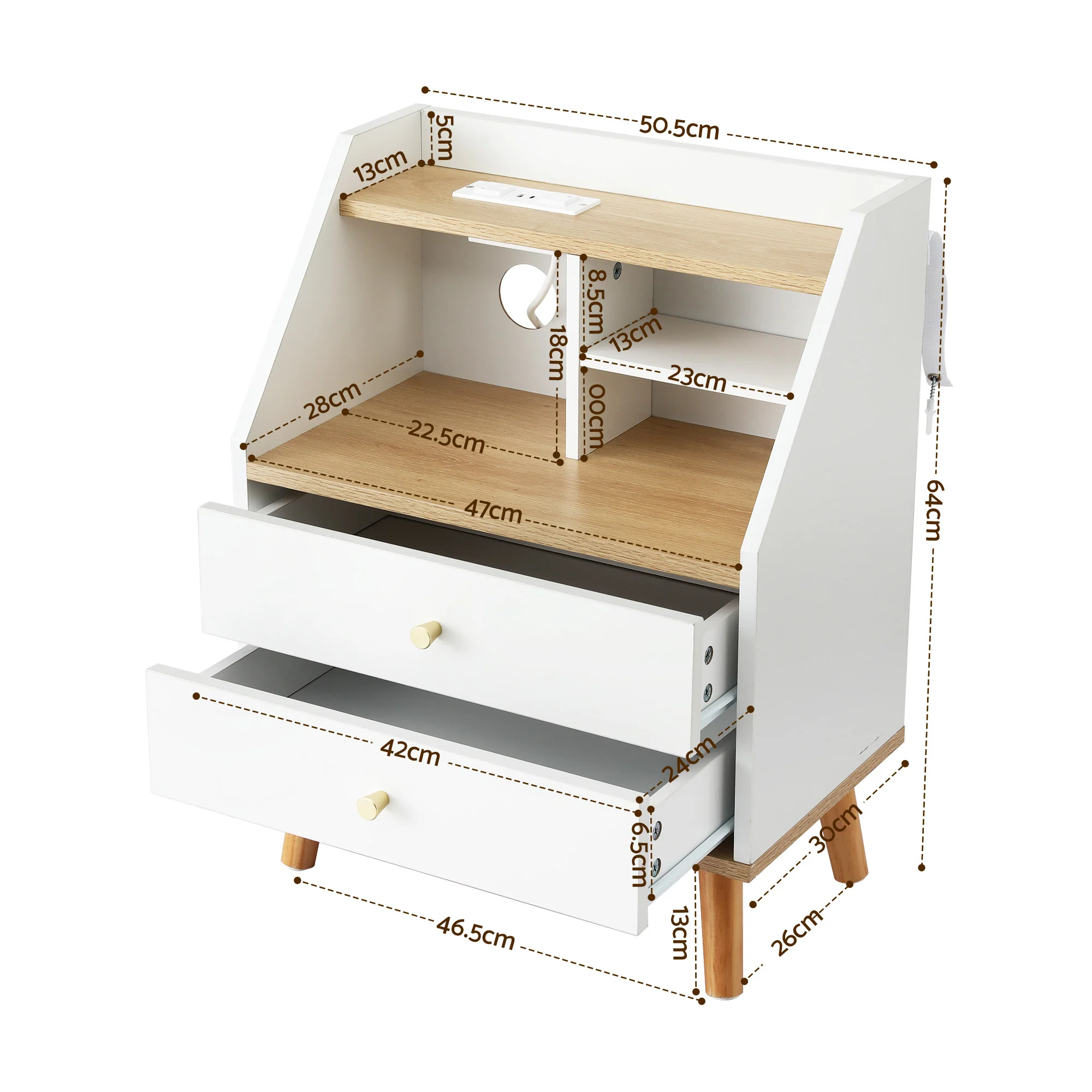 Artiss Bedside Table 2 Drawers Charging Station White and Pine - Image 3