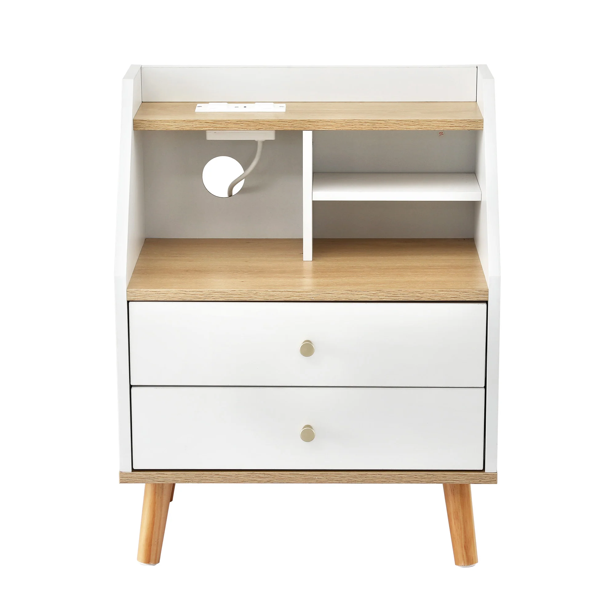 Artiss Bedside Table 2 Drawers Charging Station White and Pine - Image 4