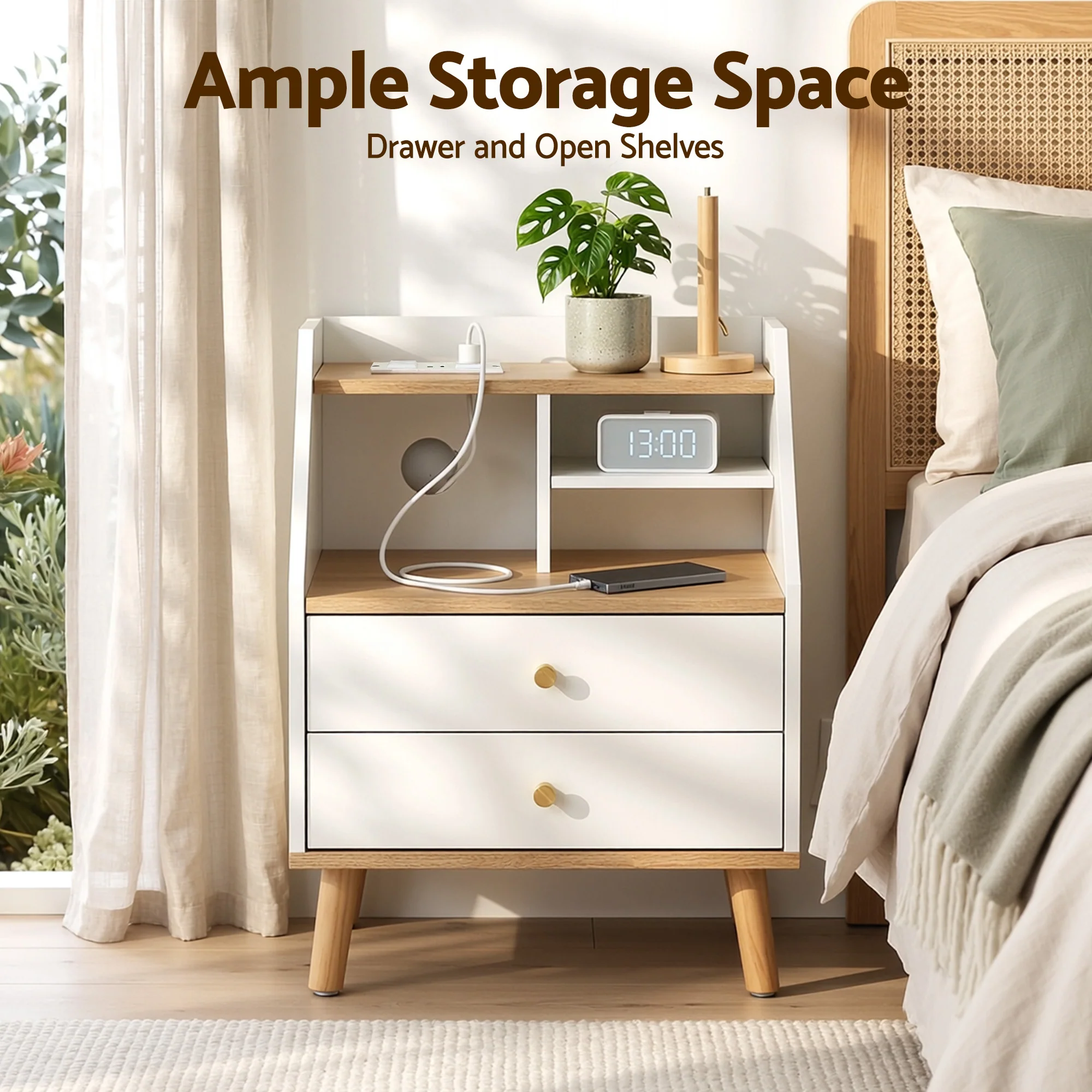 Artiss Bedside Table 2 Drawers Charging Station White and Pine - Image 5